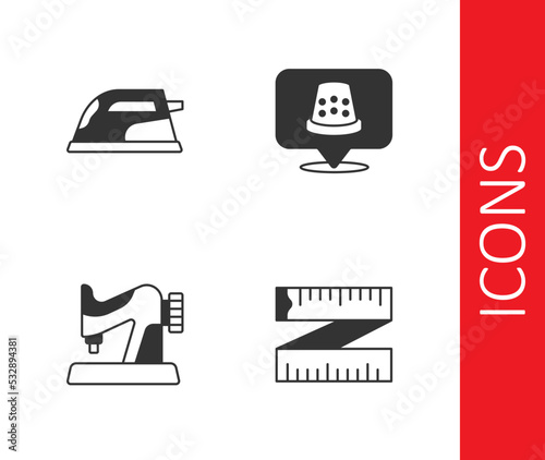 Set Tape measure, Electric iron, Sewing machine and Thimble for sewing icon. Vector