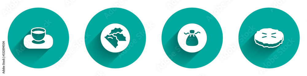 Set Soy sauce in bowl, Dumpling, Wonton and Homemade pie icon with long shadow. Vector Set Soy sauce in bowl, Dumpling, Wonton and Homemade pie icon with long shadow. Vector