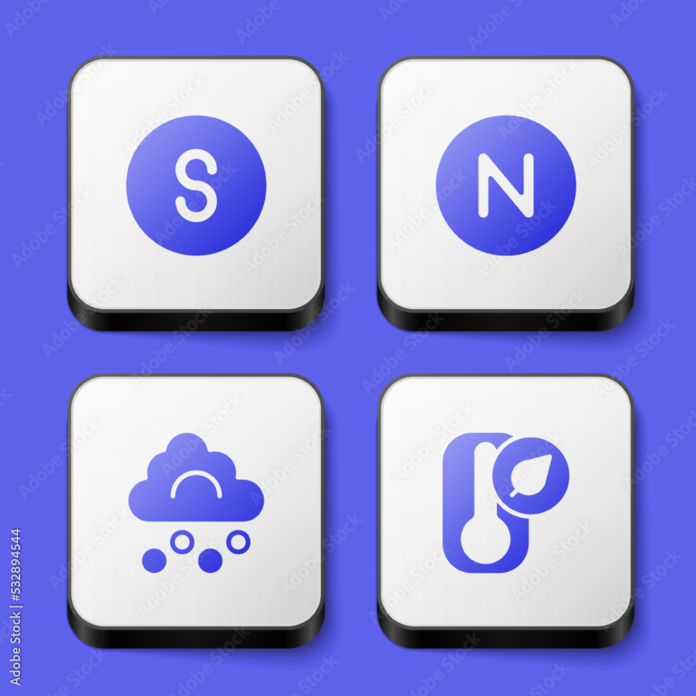 Set Compass south, north, Hail cloud and Thermometer icon. White square button. Vector Set Compass south, north, Hail cloud and Thermometer icon. White square button. Vector