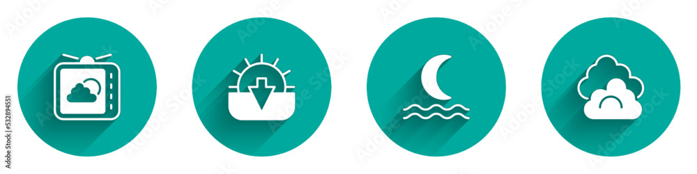Set Weather forecast, Sunset, Night fog smoke and Cloud icon with long shadow. Vector Set Weather forecast, Sunset, Night fog smoke and Cloud icon with long shadow. Vector