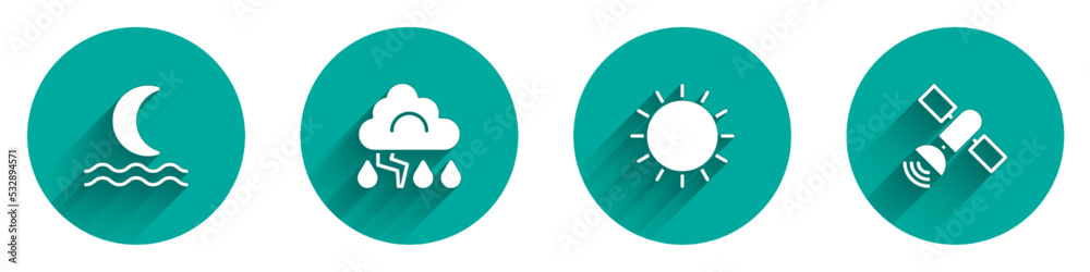 Set Night fog or smoke, Cloud and lightning, Sun and Satellite icon with long shadow. Vector Set Night fog or smoke, Cloud and lightning, Sun and Satellite icon with long shadow. Vector