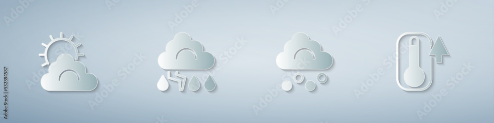Set Sun and cloud weather, Cloud lightning, Hail and Thermometer. Paper art style. Vector Set Sun and cloud weather, Cloud lightning, Hail and Thermometer. Paper art style. Vector