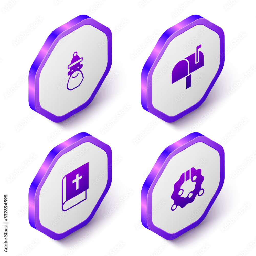 Set Isometric Santa Claus hat and beard, Mail box, Holy bible book and Christmas wreath icon. Purple hexagon button. Vector Set Isometric Santa Claus hat and beard, Mail box, Holy bible book and Christmas wreath icon. Purple hexagon button. Vector