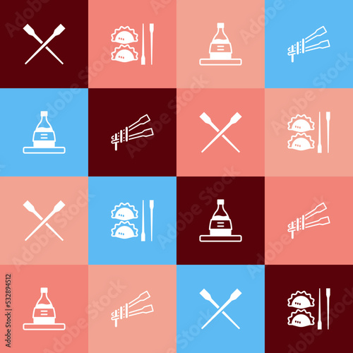 Set pop art Food chopsticks, Dumpling with, Bottle of sake and noodles icon. Vector