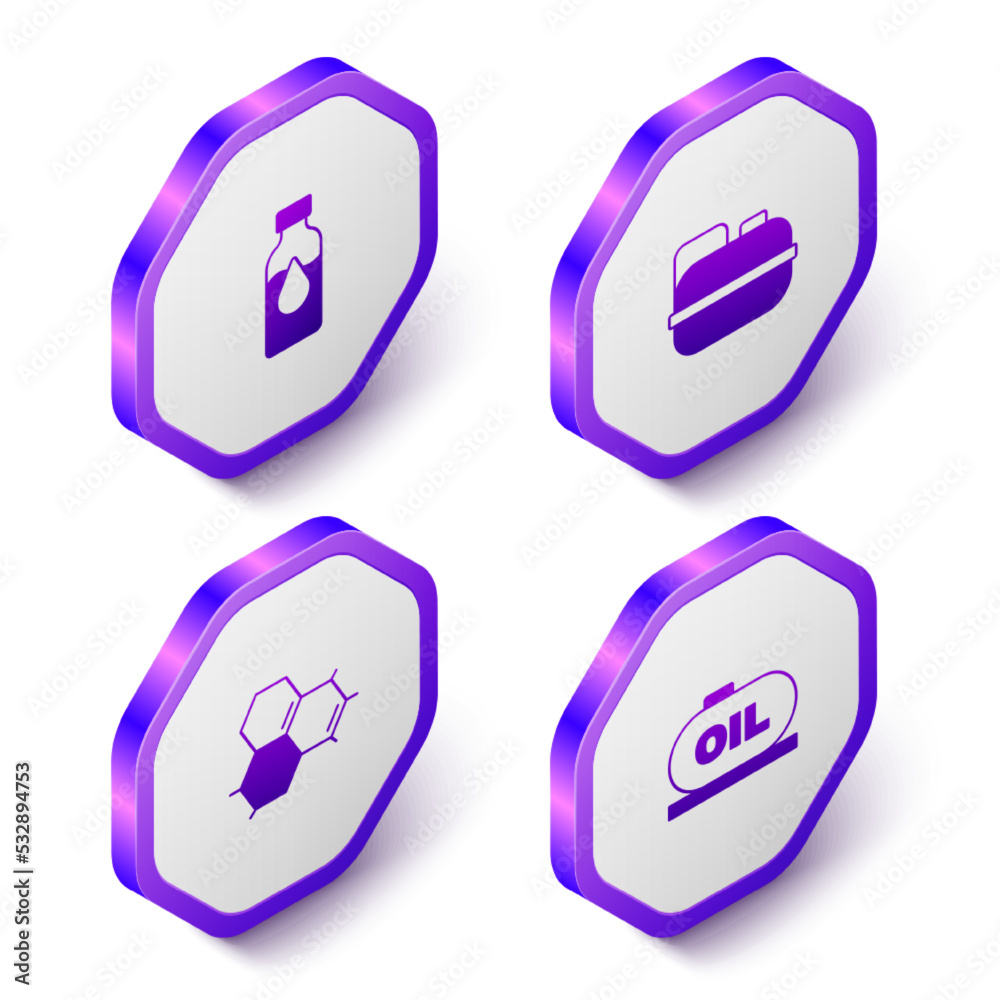 Set Isometric Oil petrol test tube, Canister for gasoline, Molecule oil and tank storage icon. Purple hexagon button. Vector Set Isometric Oil petrol test tube, Canister for gasoline, Molecule oil and tank storage icon. Purple hexagon button. Vector