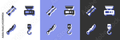 Set Spring scale, Oars or paddles boat, Knife and Electronic scales icon. Vector