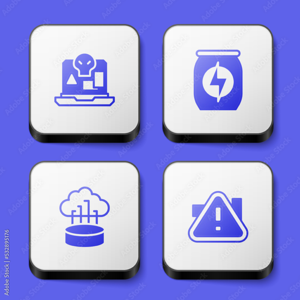Set Internet piracy, Energy drink, Network cloud connection and Exclamation mark triangle icon. White square button. Vector Set Internet piracy, Energy drink, Network cloud connection and Exclamation mark triangle icon. White square button. Vector