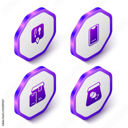 Set Isometric Cafe and restaurant location, Food ordering mobile, Online food and fish icon. Purple hexagon button. Vector