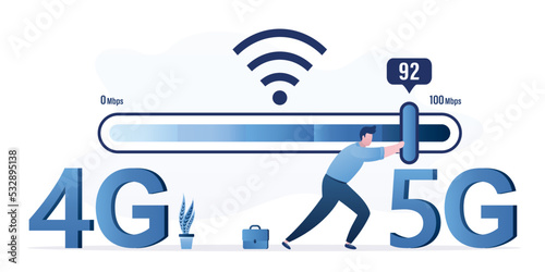 User speeds up wireless internet. Switching from 4g to fast 5g technology. Engineer moves slider on measuring scale. Wi-fi signal quality improvements, optimization.