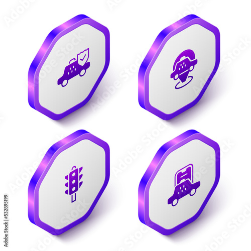 Set Isometric Taxi car insurance, Location taxi, Traffic light and mobile app icon. Purple hexagon button. Vector