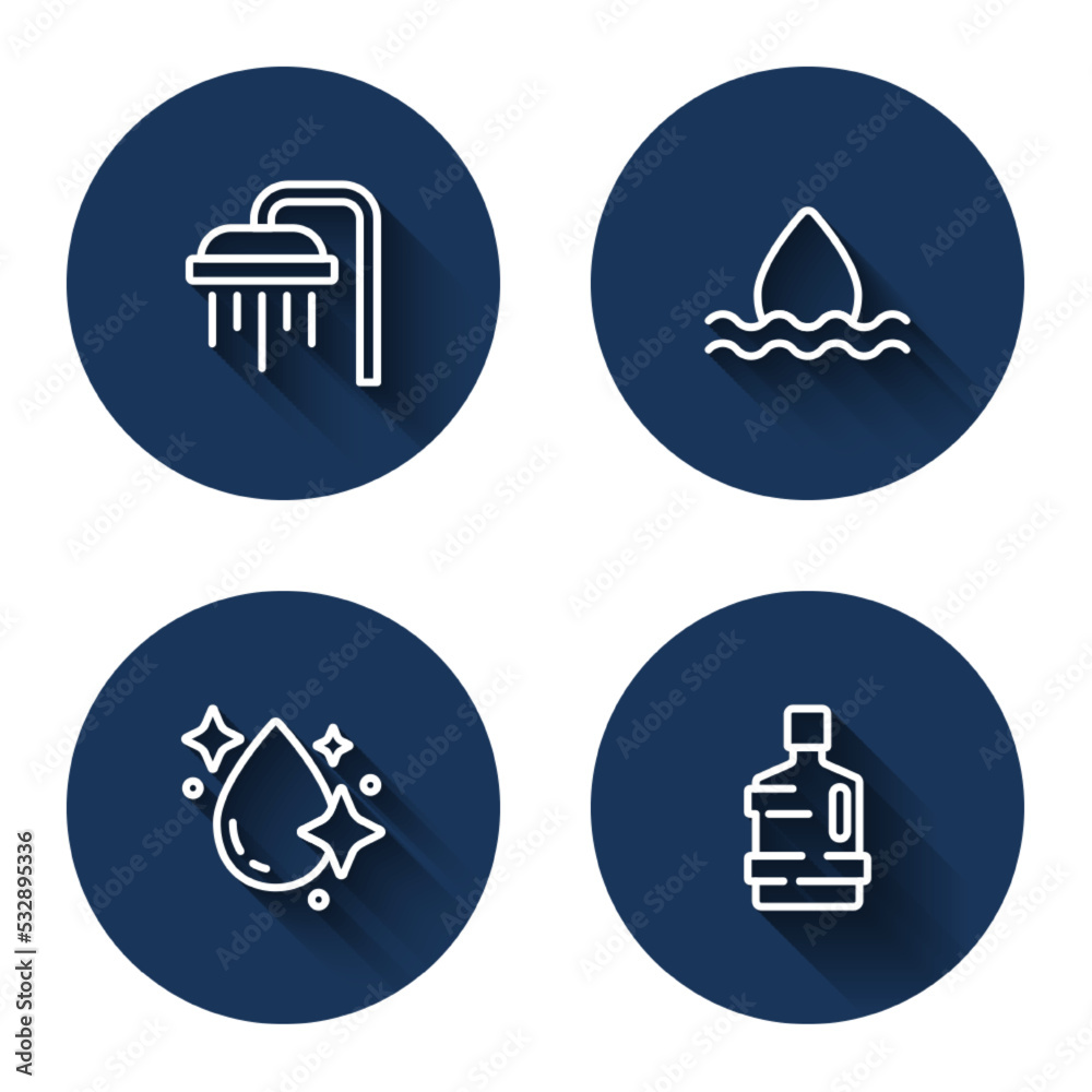 Set line Shower, Water drop, and Big bottle with clean water with long shadow. Blue circle button. Vector Set line Shower, Water drop, and Big bottle with clean water with long shadow. Blue circle button. Vector