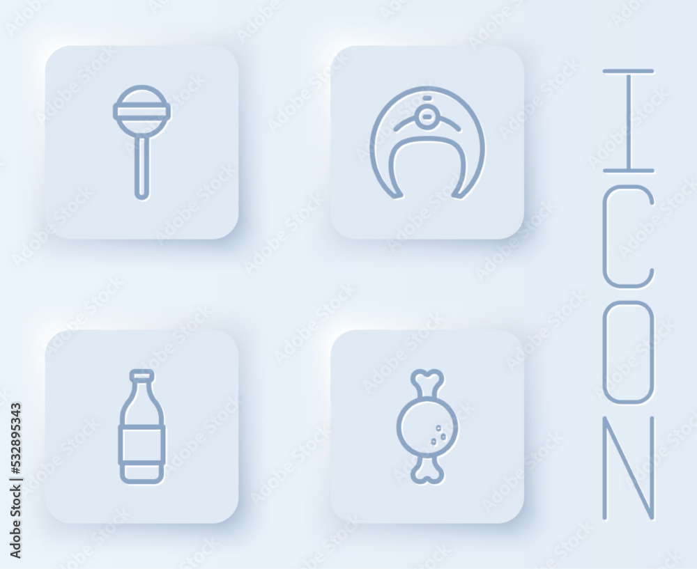 Set line Lollipop, Fish steak, Bottle of wine and Chicken leg. White square button. Vector Set line Lollipop, Fish steak, Bottle of wine and Chicken leg. White square button. Vector