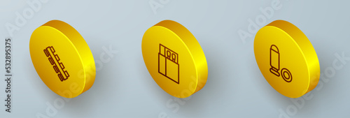Set Isometric line Hunting cartridge belt, Open matchbox and matches and Bullet icon. Vector