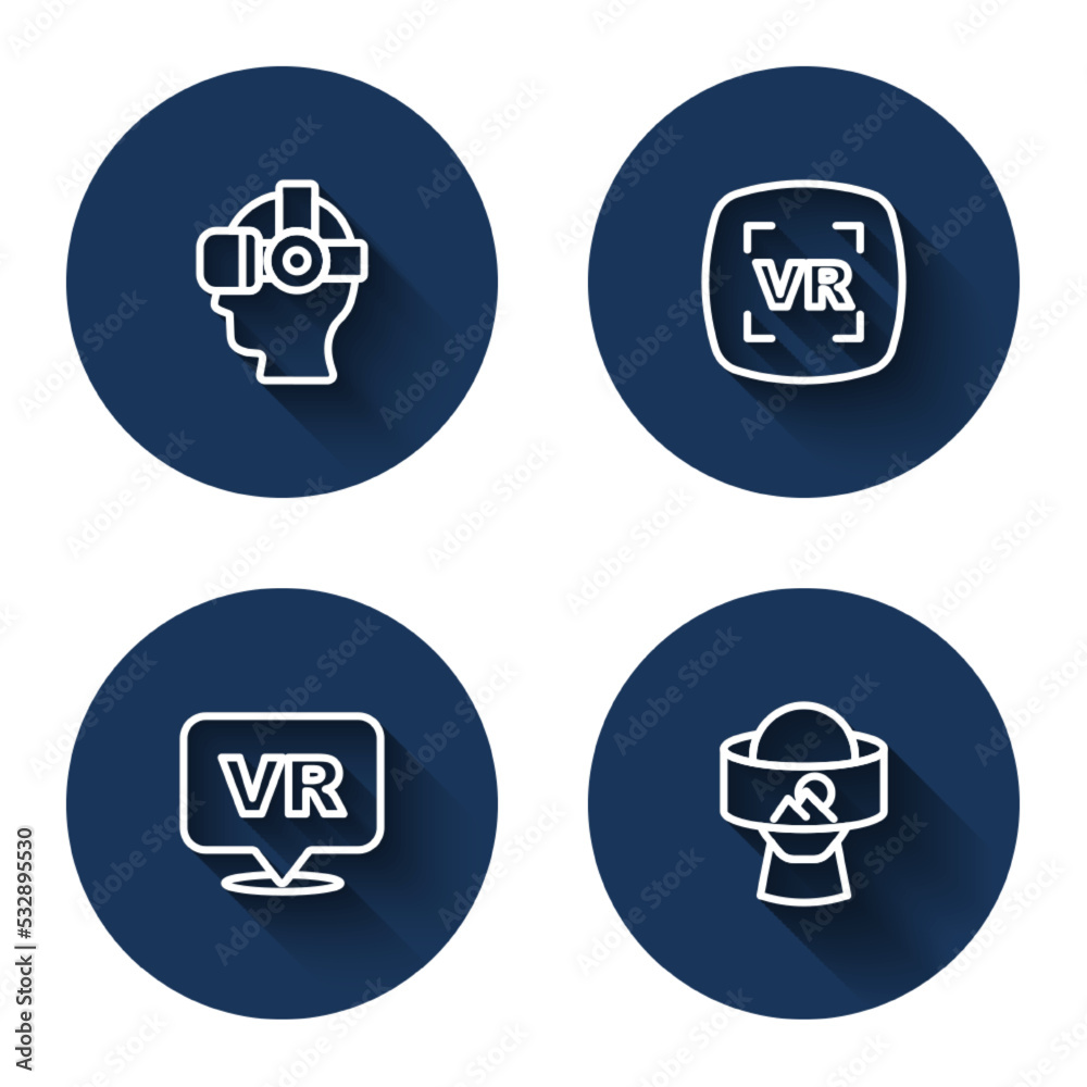 Set line Virtual reality glasses, and with long shadow. Blue circle button. Vector Set line Virtual reality glasses, and with long shadow. Blue circle button. Vector