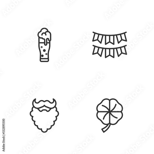 Set line Four leaf clover, Mustache and beard, Glass of beer and Carnival garland with flags icon. Vector