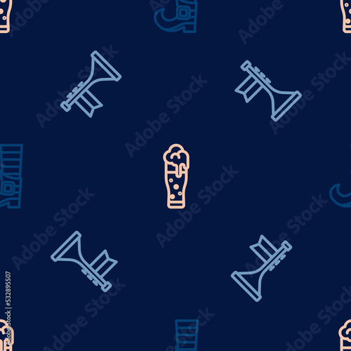 Set line Leprechaun boot, Trumpet and Glass of beer on seamless pattern. Vector