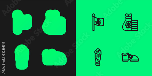 Set line Leprechaun boot, Glass of beer, Ireland flag with clover and Money bag icon. Vector