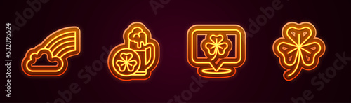 Set line Rainbow with cloud, Glass of beer, Clover trefoil leaf and . Glowing neon icon. Vector