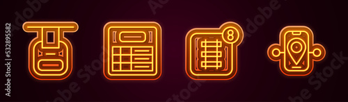 Set line Cable car, Train station board, Online ticket booking and Route location. Glowing neon icon. Vector