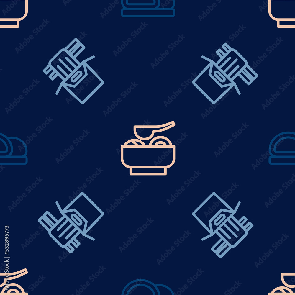 Set line Sushi, Asian noodles in paper box and Ramen soup bowl on seamless pattern. Vector Set line Sushi, Asian noodles in paper box and Ramen soup bowl on seamless pattern. Vector