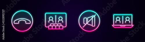 Set line Telephone handset, Video chat conference, Mute microphone and . Glowing neon icon. Vector