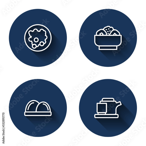 Set line Rice in a bowl, Chow mein on plate, Sushi and Traditional tea ceremony with long shadow. Blue circle button. Vector