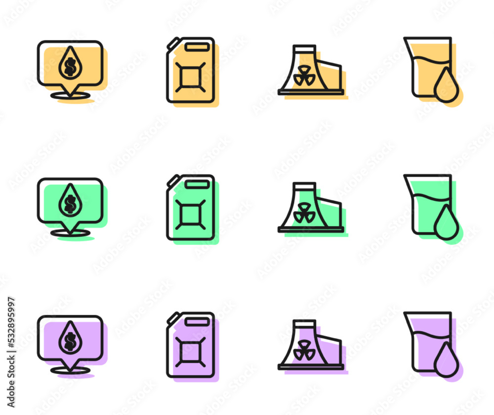 Set line Nuclear power plant, Oil drop with dollar symbol, Canister for gasoline and petrol test tube icon. Vector
