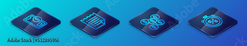 Set Isometric line Dollar symbol, Mobile with dollar, Stopwatch percent discount and Wish list template icon. Vector