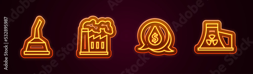 Set line Canister for motor machine oil, Oil and gas industrial factory, drop with dollar symbol and Nuclear power plant. Glowing neon icon. Vector