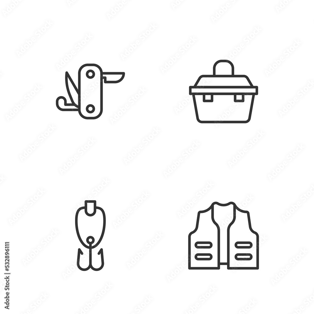 Set line Fishing jacket, lure, Swiss army knife and Case or box for fishing equipment icon. Vector Set line Fishing jacket, lure, Swiss army knife and Case or box for fishing equipment icon. Vector