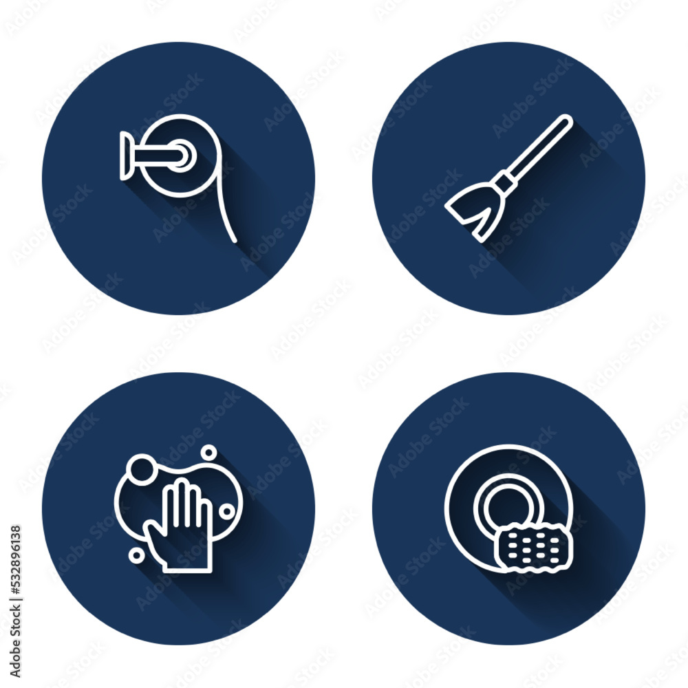 Set line Toilet paper roll, Handle broom, Sponge and Washing dishes with long shadow. Blue circle button. Vector Set line Toilet paper roll, Handle broom, Sponge and Washing dishes with long shadow. Blue circle button. Vector