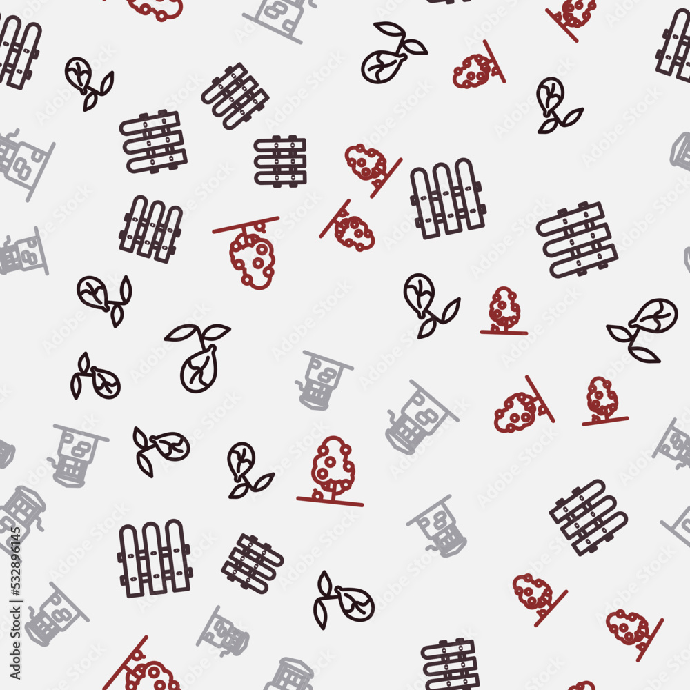 Set line Sprout, Garden fence wooden, Well and Fruit tree on seamless pattern. Vector Set line Sprout, Garden fence wooden, Well and Fruit tree on seamless pattern. Vector