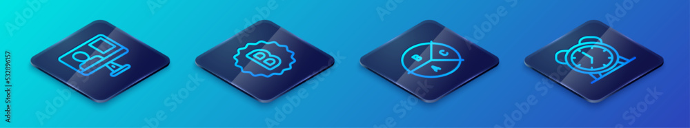 Set Isometric line Pie chart infographic, Online class, Alarm clock and Exam paper with incorrect answers icon. Vector