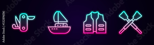 Set line Swiss army knife, Yacht sailboat, Fishing jacket and Crossed oars or paddles. Glowing neon icon. Vector