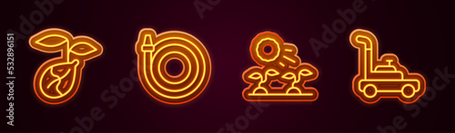 Set line Sprout, Garden hose, Plant sprouts grow in the sun and Lawn mower. Glowing neon icon. Vector