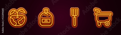 Set line Apple, Pack full of seeds, Garden pitchfork and Wheelbarrow. Glowing neon icon. Vector
