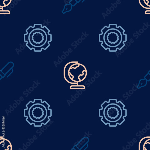 Set line Fountain pen nib, Gear and Earth globe on seamless pattern. Vector © Iryna