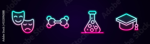 Set line Comedy and tragedy masks, Molecule, Test tube and Graduation cap. Glowing neon icon. Vector