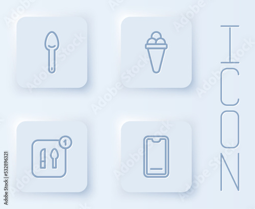 Set line Spoon, Ice cream in waffle, Food ordering and mobile. White square button. Vector