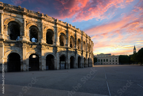 View of famous amphitheater in the morning, Nimes