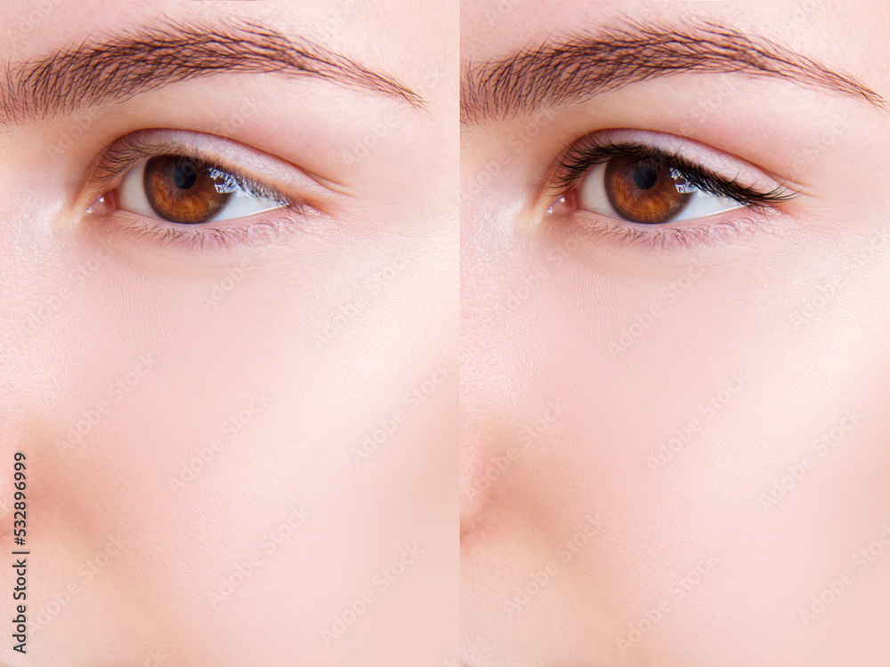 Fototapeta premium Female eye before and after lashes dyeing.