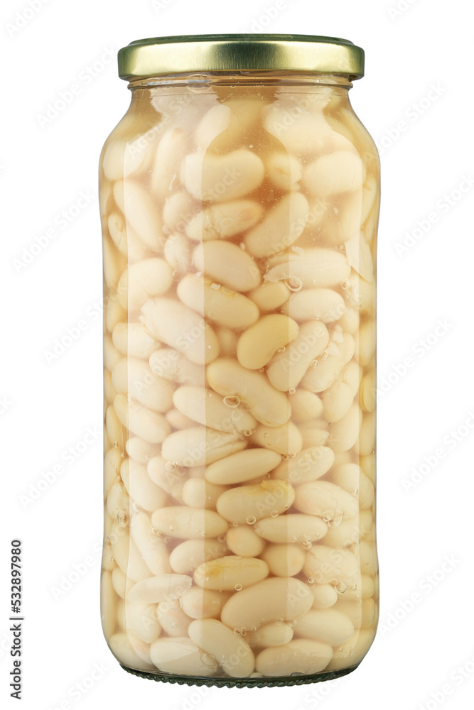 Glass jar with pickled beans isolated on white background. Bottled preserves of white beans. Glass jar with pickled beans isolated on white background. Bottled preserves of white beans.