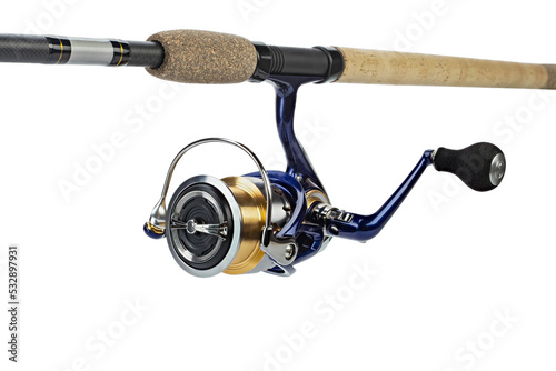 Feeder rod for fishing isolated on white background. Fishing gear. Reel for fishing. Feeder tackle.