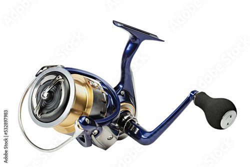 Reel for fishing isolated on white background. Fishing gear. Feeder tackle.