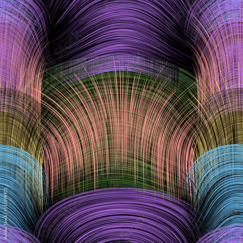  Seamless grid pattern with rows of colorful  wavy intersecting grunge stripe arc elements on black background