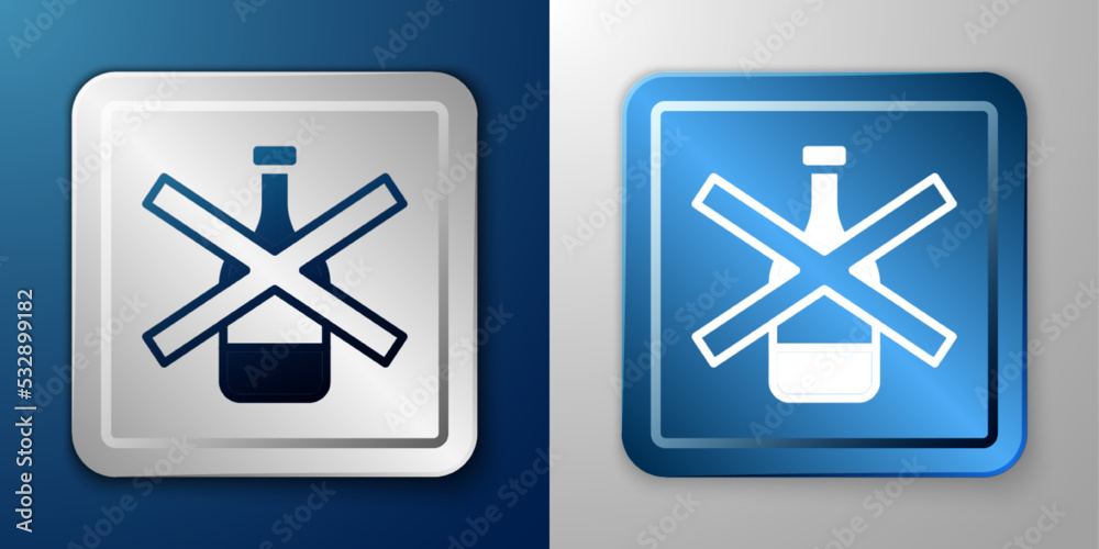 White No alcohol icon isolated on blue and grey background. Prohibiting alcohol beverages. Forbidden symbol with beer bottle glass. Silver and blue square button. Vector White No alcohol icon isolated on blue and grey background. Prohibiting alcohol beverages. Forbidden symbol with beer bottle glass. Silver and blue square button. Vector