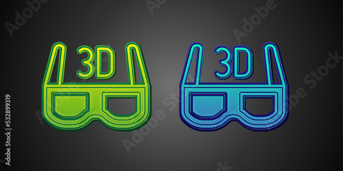 Green and blue 3D cinema glasses icon isolated on black background. Vector