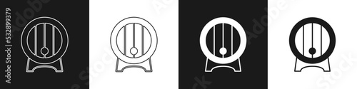 Set Wooden barrel on rack with stopcock icon isolated on black and white background. Vector