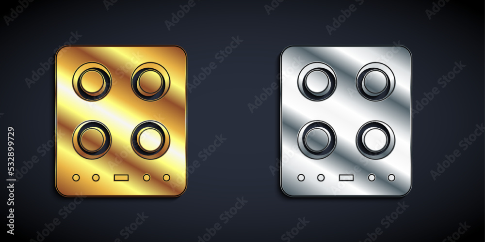 Gold and silver Gas stove icon isolated on black background. Cooktop sign. Hob with four circle burners. Long shadow style. Vector Gold and silver Gas stove icon isolated on black background. Cooktop sign. Hob with four circle burners. Long shadow style. Vector