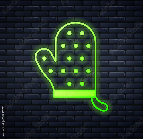 Glowing neon Oven glove icon isolated on brick wall background. Kitchen potholder sign. Cooking glove. Vector